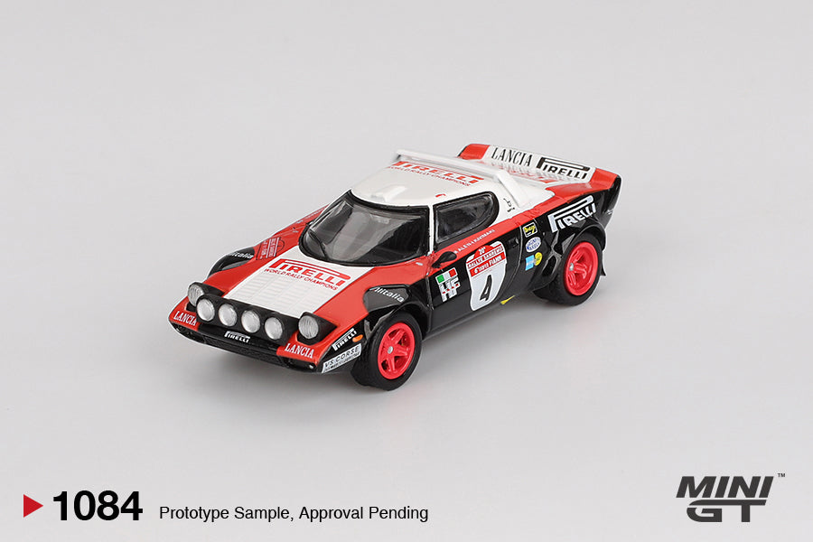front perspective view of Lancia Stratos HF #4 1978 Rally Sanremo Winner 1:64 Scale Model Car – Mini GT (Product Code: MGT01084)