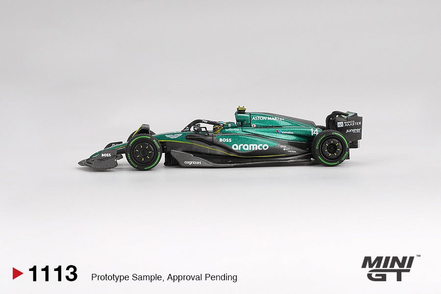 side view of Aston Martin AMR24 #14 Fernando Alonso 2024 F1 1:64 Scale Model Car – Mini GT (Product Code: MGT01113)