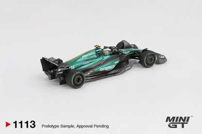 back perspective view of Aston Martin AMR24 #14 Fernando Alonso 2024 F1 1:64 Scale Model Car – Mini GT (Product Code: MGT01113)