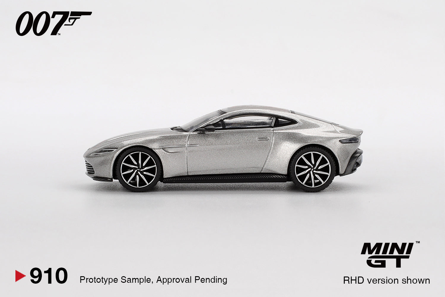 side view of Aston Martin DB10 “Spectre” blister pack 1:64 scale model car - Mini GT