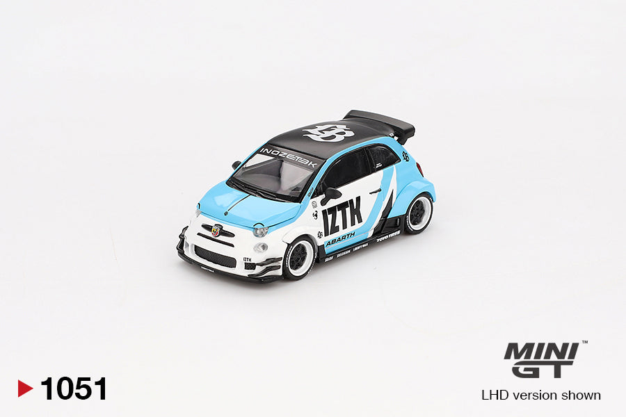 Front perspective view of Abarth 595 LB-WORKS x Abas Works IZTK 1:64 scale model car - Mini GT