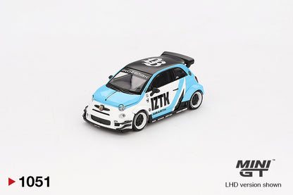 Front perspective view of Abarth 595 LB-WORKS x Abas Works IZTK 1:64 scale model car - Mini GT
