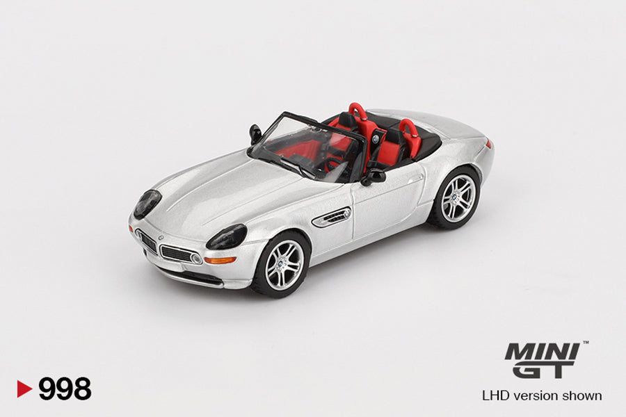 Front perspective view of BMW Z8 Silver 1:64 scale model car - Mini GT