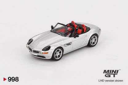 Front perspective view of BMW Z8 Silver 1:64 scale model car - Mini GT