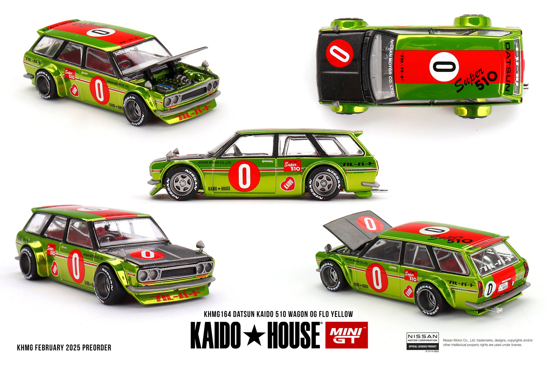 Kaido House Datsun KAIDO 510 Wagon OG Flo Yellow 1:64 scale model car KAIDOHOUSE x Mini GT