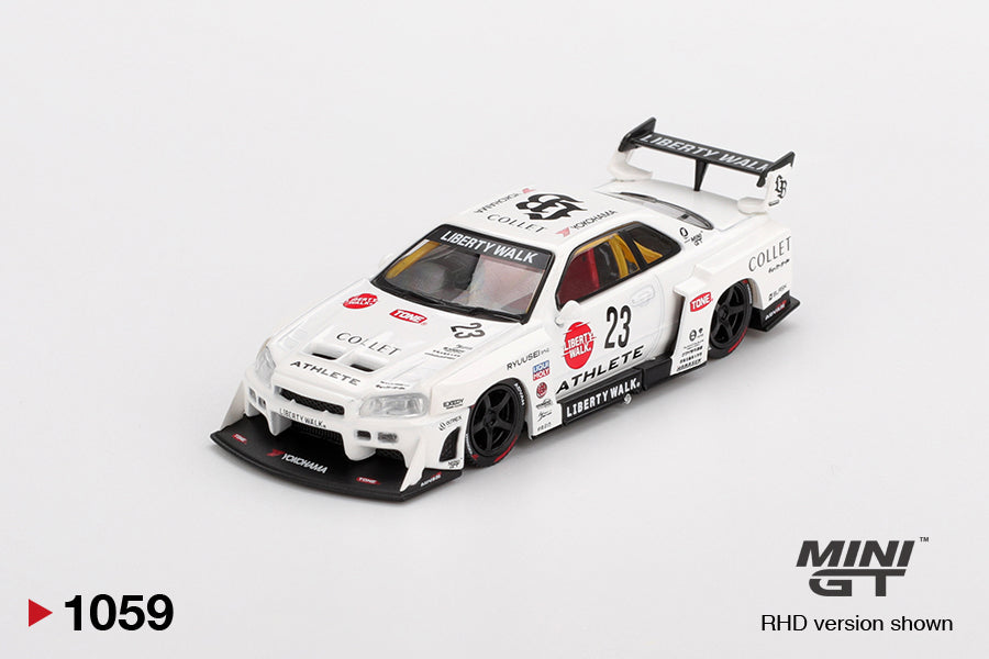 front perspective view of Nissan LB-ER34 Super Silhouette ATHLETE/COLLET 1:64 scale model car - Mini GT