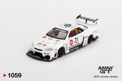 front perspective view of Nissan LB-ER34 Super Silhouette ATHLETE/COLLET 1:64 scale model car - Mini GT