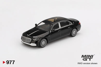 Front perspective view Mercedes-Maybach S 680 Black 1:64 scale model car - Mini GT