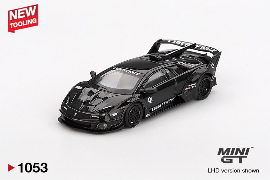 Front perspective view of Lamborghini LB-Silhouette WORKS MURCIELAGO GT Evo Black 1:64 scale model car - Mini GT