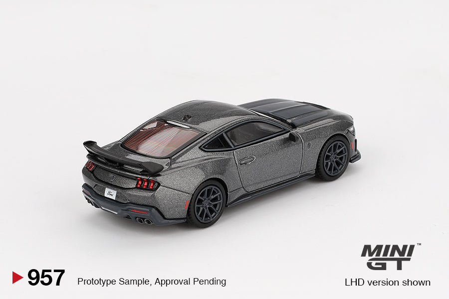 Back of perspective view of Ford Mustang Dark Horse 2024 Carbonized Gray 1:64 Scale Model Car – Mini GT (Product Code: MGT00957)