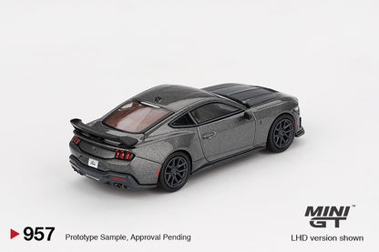 Back of perspective view of Ford Mustang Dark Horse 2024 Carbonized Gray 1:64 Scale Model Car – Mini GT (Product Code: MGT00957)