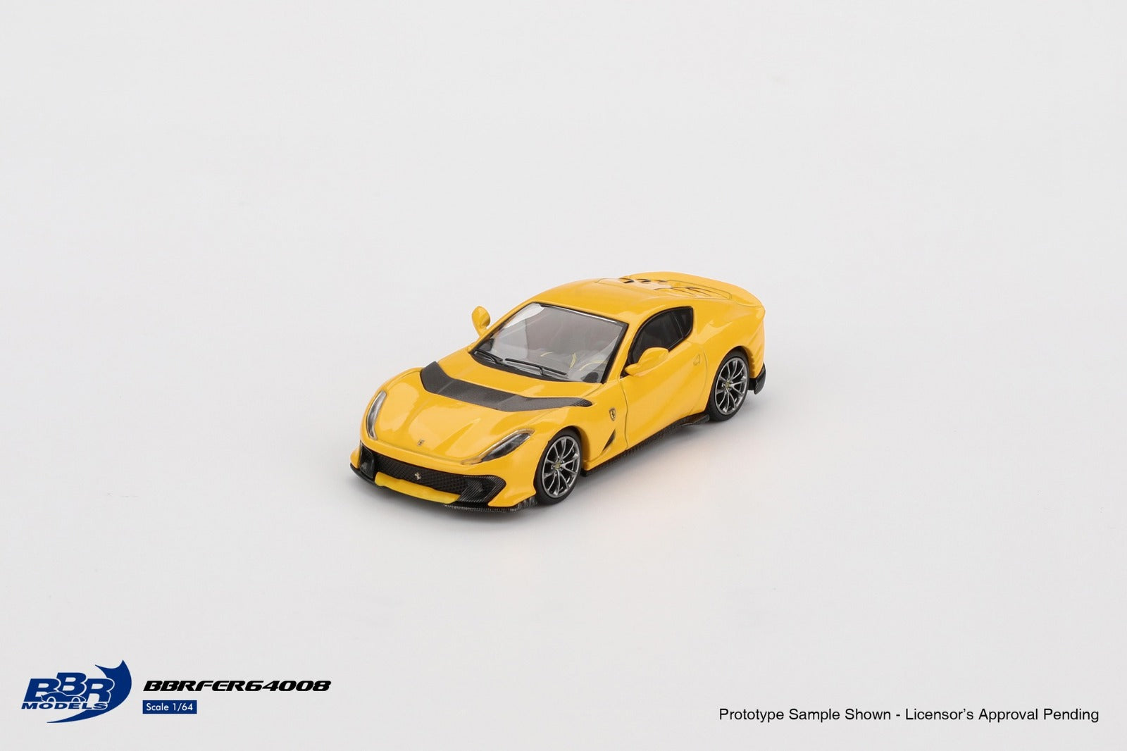 Front perspective view of Ferrari 812 Competizone Giallo Modena 1:64 scale model car - BBR Models