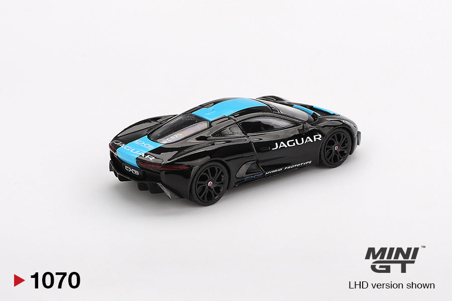 Back perspective view of Jaguar C-X75 Black 1:64 scale model car - Mini GT