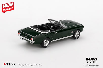 back perspective view of Ford Mustang Convertible 1964 Highland Green 1:64 Scale Model Car – Mini GT (Product Code: MGT01166)