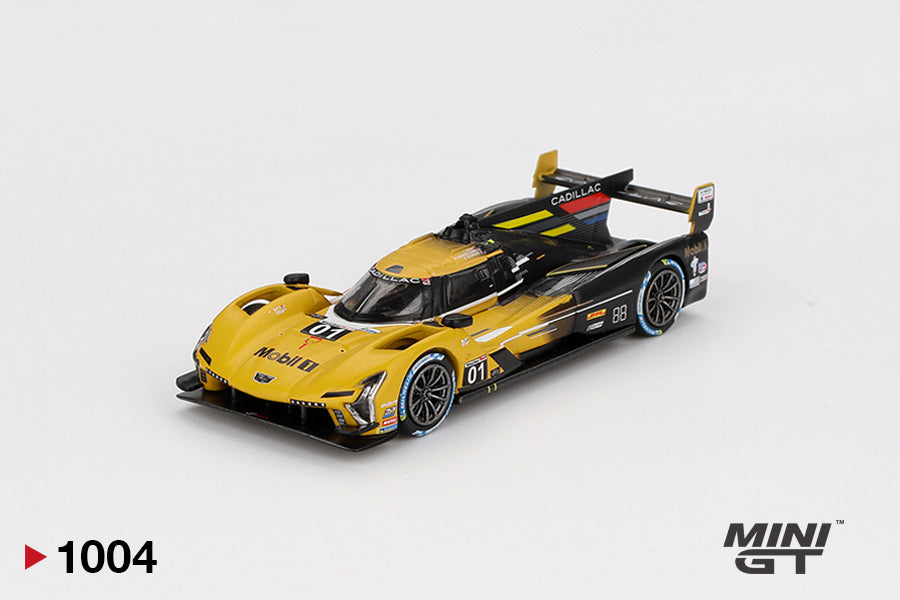 Front perspective view of Cadillac V-Series.R #01 Cadillac Racing 2024 IMSA Sebring 12 Hrs 1:64 scale model car - Mini GT