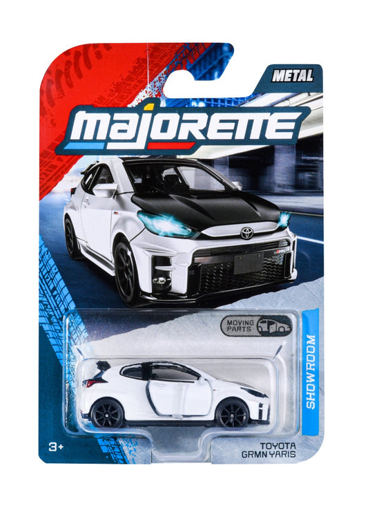 Majorette Showroom Premium Toyota GRMN Yaris white 1:64 scale diecast model car in blister-card packaging