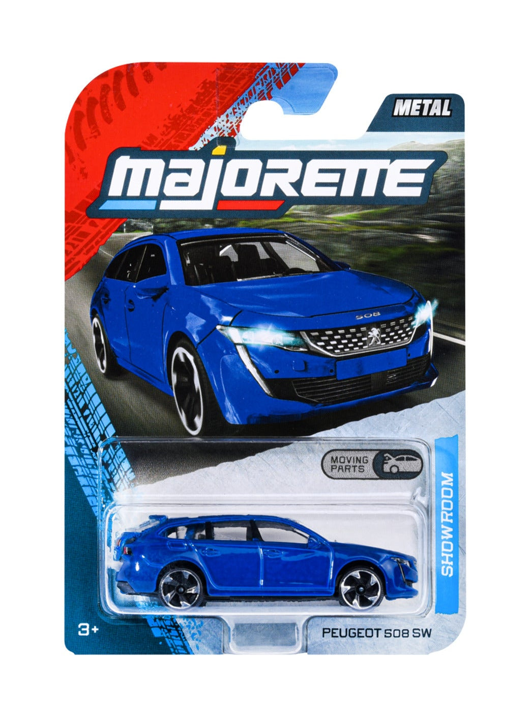 Majorette Showroom Premium Peugeot 508 SW blue 1:64 scale diecast model car in blister-card packaging