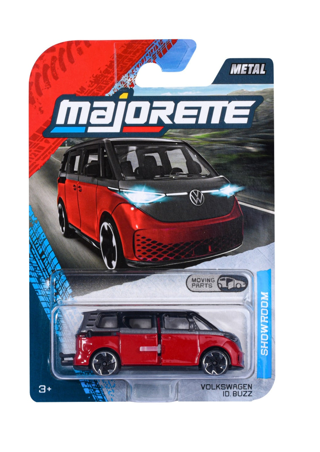 Majorette Showroom Premium Volkswagen ID. Buzz red 1:64 scale diecast model car in blister-card packaging