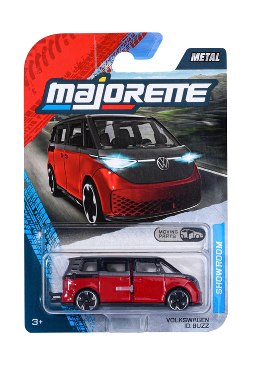 Majorette Showroom Premium Volkswagen ID. Buzz red 1:64 scale diecast model car in blister-card packaging