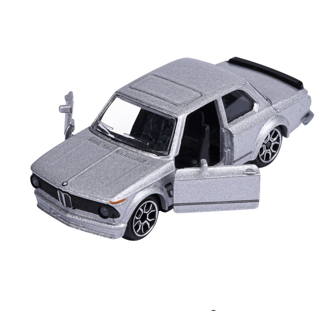 Majorette Vintage Premium BMW 2002 Turbo silver 1:64 scale diecast model car, close-up view