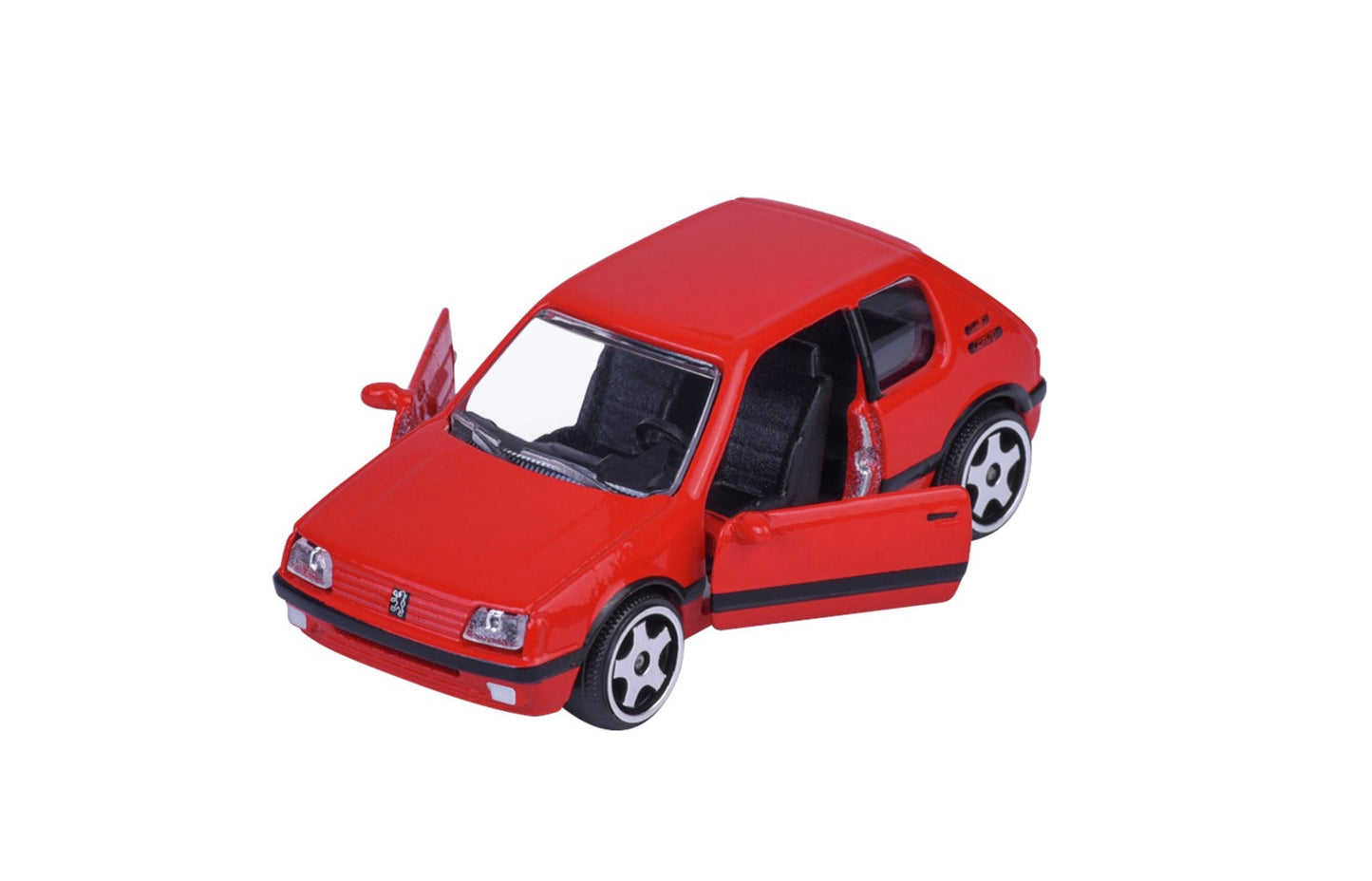 Majorette Vintage Premium Peugeot 205 GTI 1.9 red 1:64 scale diecast model car, close-up view