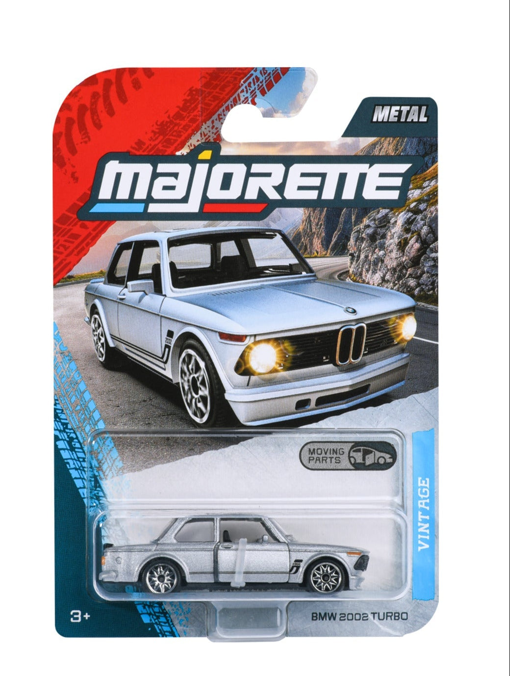 Majorette Vintage Premium BMW 2002 Turbo silver 1:64 scale diecast model car in blister-card packaging
