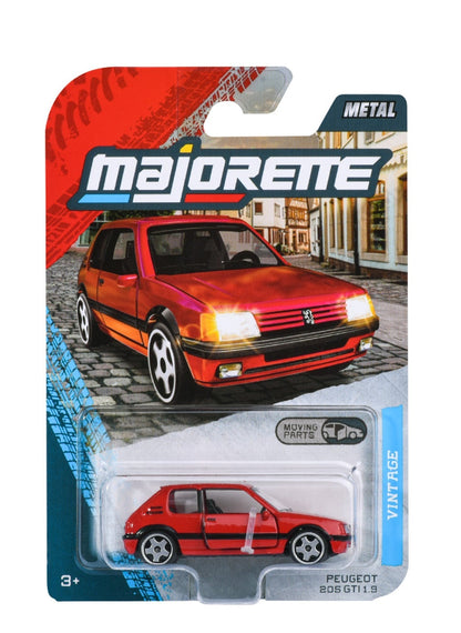 Majorette Vintage Premium Peugeot 205 GTI 1.9 red 1:64 scale diecast model car in blister-card packaging