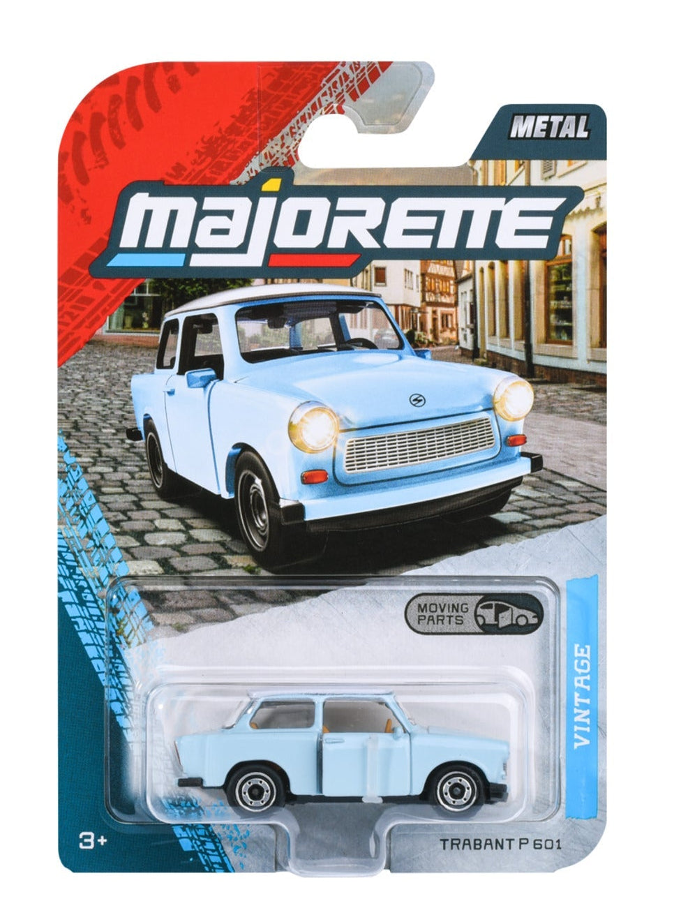 Majorette Vintage Premium Trabant P 601 light blue 1:64 scale diecast model car in blister-card packaging