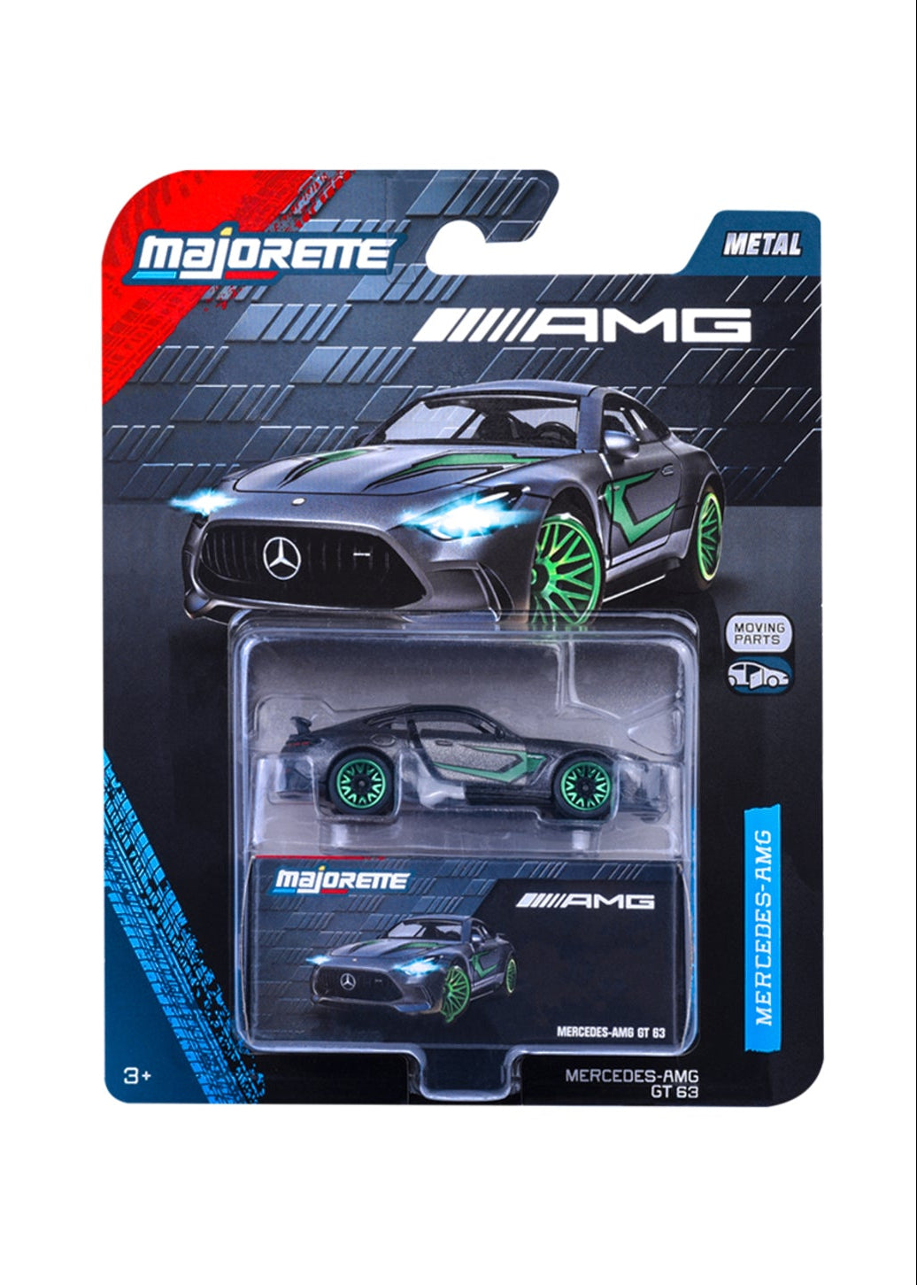 Packaged Majorette AMG toy cars in various colors on a white background