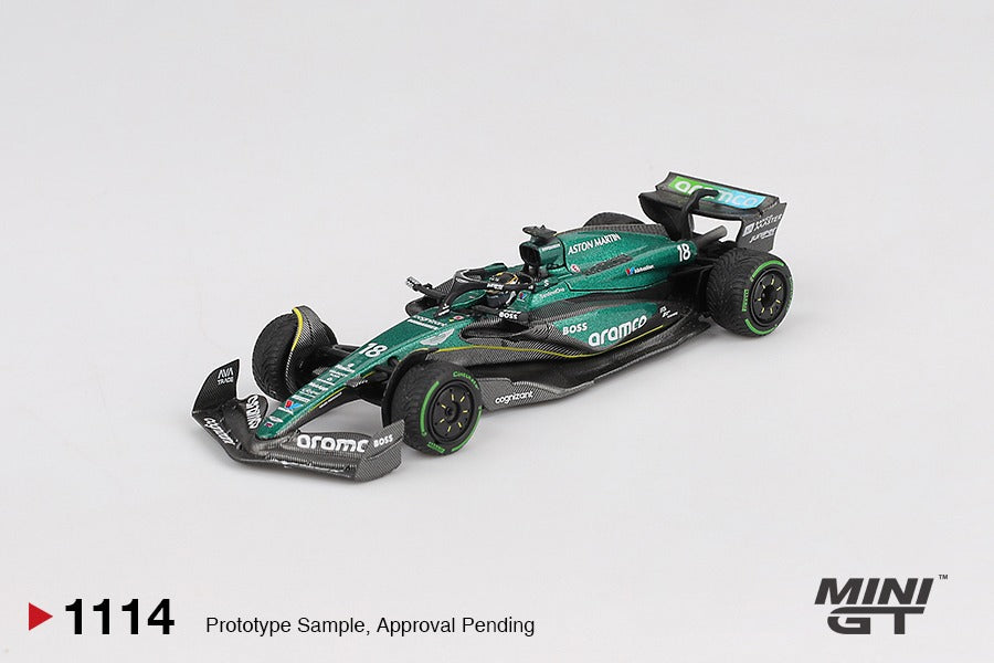 front perspective view of Aston Martin AMR24 #18 Lance Stroll 2024 F1 – Mini GT (Product Code: MGT01114)