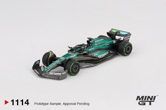 front perspective view of Aston Martin AMR24 #18 Lance Stroll 2024 F1 – Mini GT (Product Code: MGT01114)