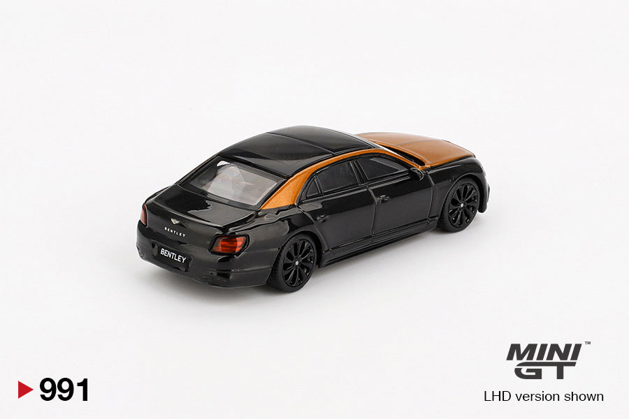 back perspective view of Bentley Flying Spur Orange Flame / Onyx 1:64 scale model car - Mini GT