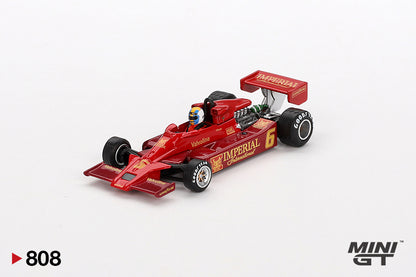 Front perspective view of Lotus 78 #6 Gunnar Nilsson 1977 Japanese GP 1:64 scale model car - Mini GT