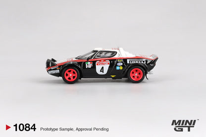 side view of Lancia Stratos HF #4 1978 Rally Sanremo Winner 1:64 Scale Model Car – Mini GT (Product Code: MGT01084)