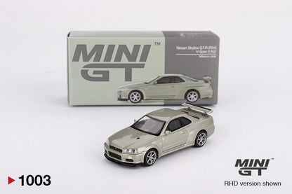 Box of Nissan Skyline GT-R (R34) V-Spec II Nür Millenium Jade 1:64 scale model car - Mini GT