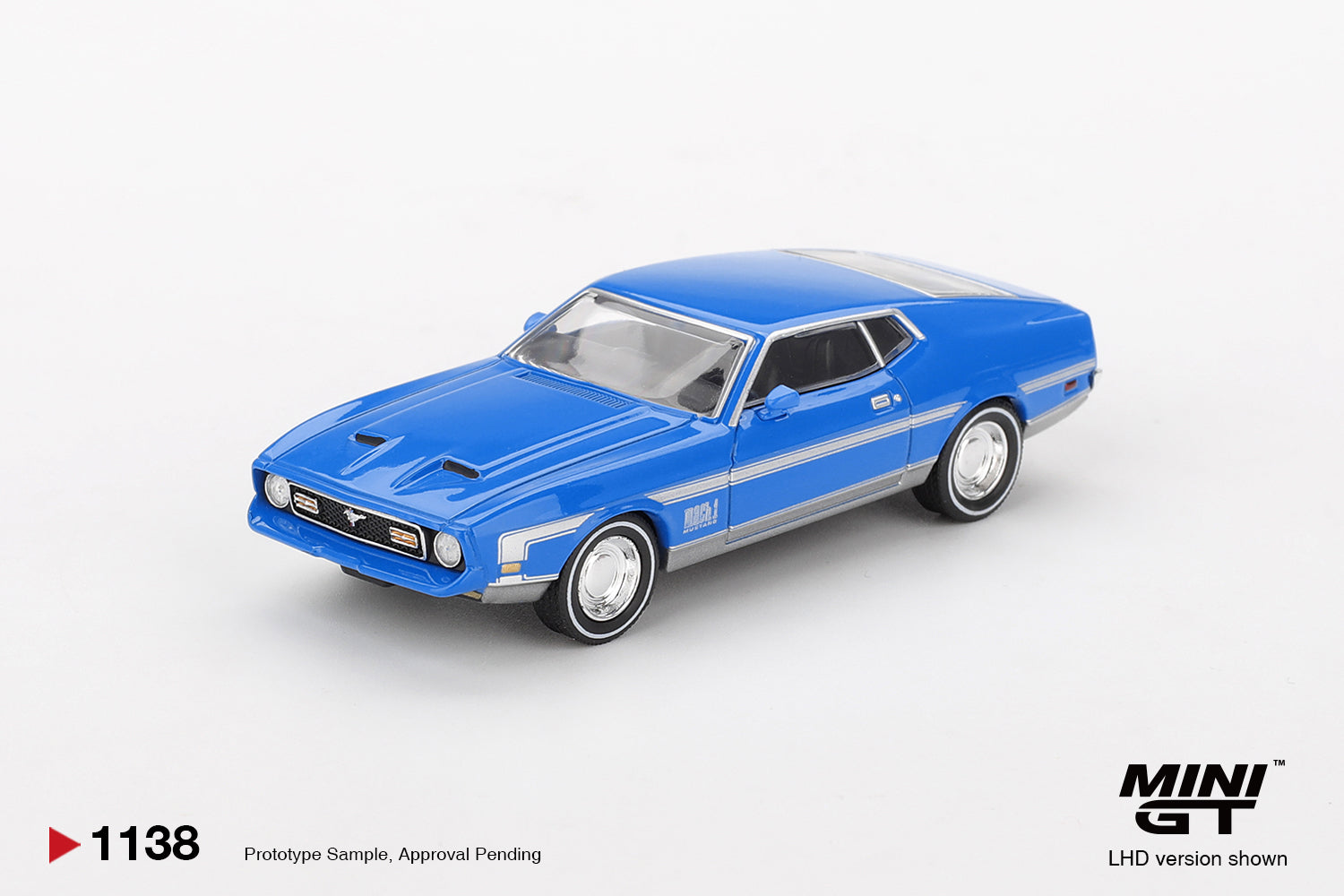 Ford Mustang Mach 1 Grabber Blue 1:64 Scale Model Car – Mini GT (Product Code: MGT01138) on a white background with 'Mini GT' branding.