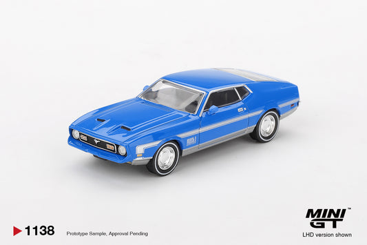 Ford Mustang Mach 1 Grabber Blue 1:64 Scale Model Car – Mini GT (Product Code: MGT01138) on a white background with 'Mini GT' branding.
