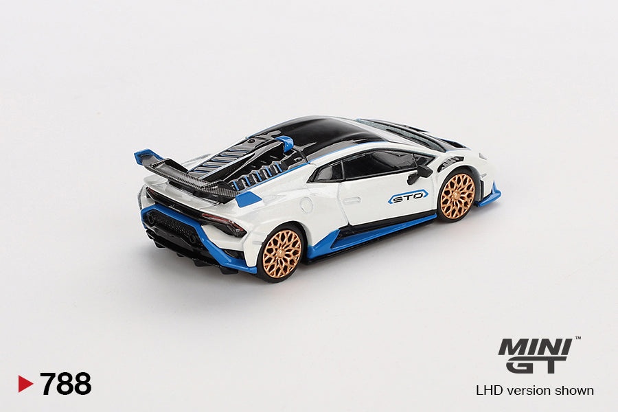 Back perspective view of Lamborghini Huracan STO Bianco Asopo 1:64 scale model car - Mini GT