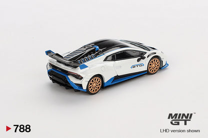 Back perspective view of Lamborghini Huracan STO Bianco Asopo 1:64 scale model car - Mini GT
