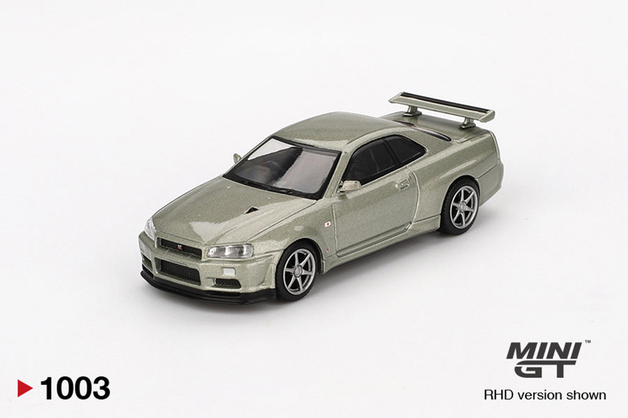 Font perspective view of Nissan Skyline GT-R (R34) V-Spec II Nür Millenium Jade 1:64 scale model car - Mini GT