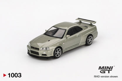 Font perspective view of Nissan Skyline GT-R (R34) V-Spec II Nür Millenium Jade 1:64 scale model car - Mini GT
