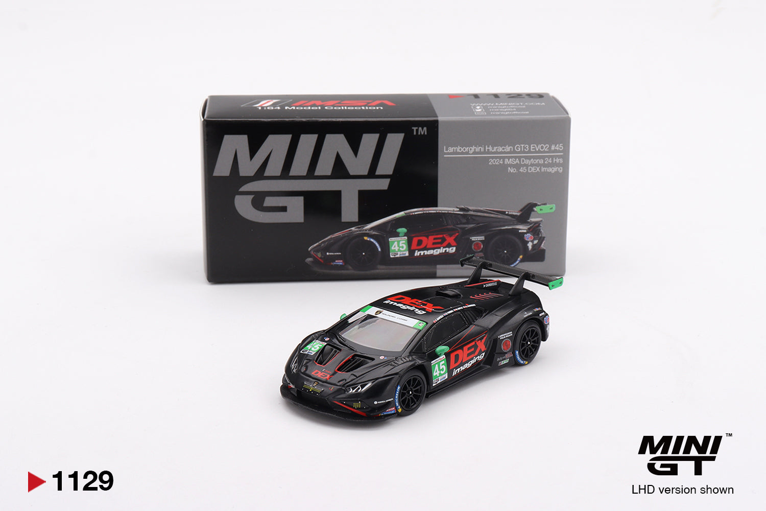 Mini GT 1:64 Lamborghini Huracan GT3 EVO2 #45 DEX Imaging 2024 IMSA Daytona diecast model view 4