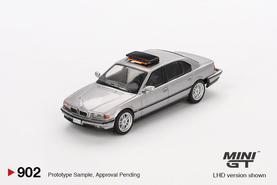 Front perspective view of BMW 750IL "Tomorrow Never Dies" 1:64 scale model car - Mini GT