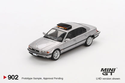 Front perspective view of BMW 750IL "Tomorrow Never Dies" 1:64 scale model car - Mini GT