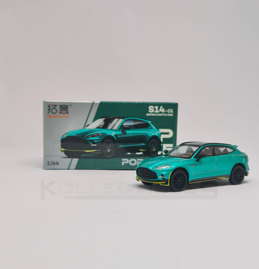 Perspective view with box Aston martin DBX Green 1:64 scale model car - Xcartoys x Poprace