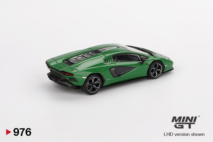 back perspective view of Mini GT 1/64 Lamborghini Countach LPI 800-4 Verde Medio 1:64 scale model car - Mini GT