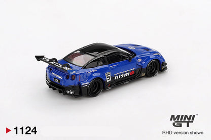 Back perspective view of LB-Silhouette WORKS GT NISSAN 35GT-RR Ver.2 Blue 1:64 scale model car - Mini GT