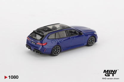 back perspective view of BMW M5 Touring Marina Bay Blue Metallic 1:64 scale model car - Mini GT