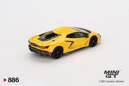 Back perspective of Lamborghini Revuelto Giallo 1:64 scale model car - Mini GT product code of MGT00886