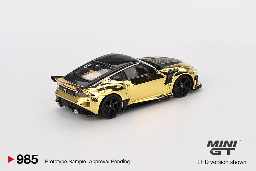 back perspective of Nissan Z VeilSide FFZ400 Gold Chrome 1:64 scale model car - Mini GT